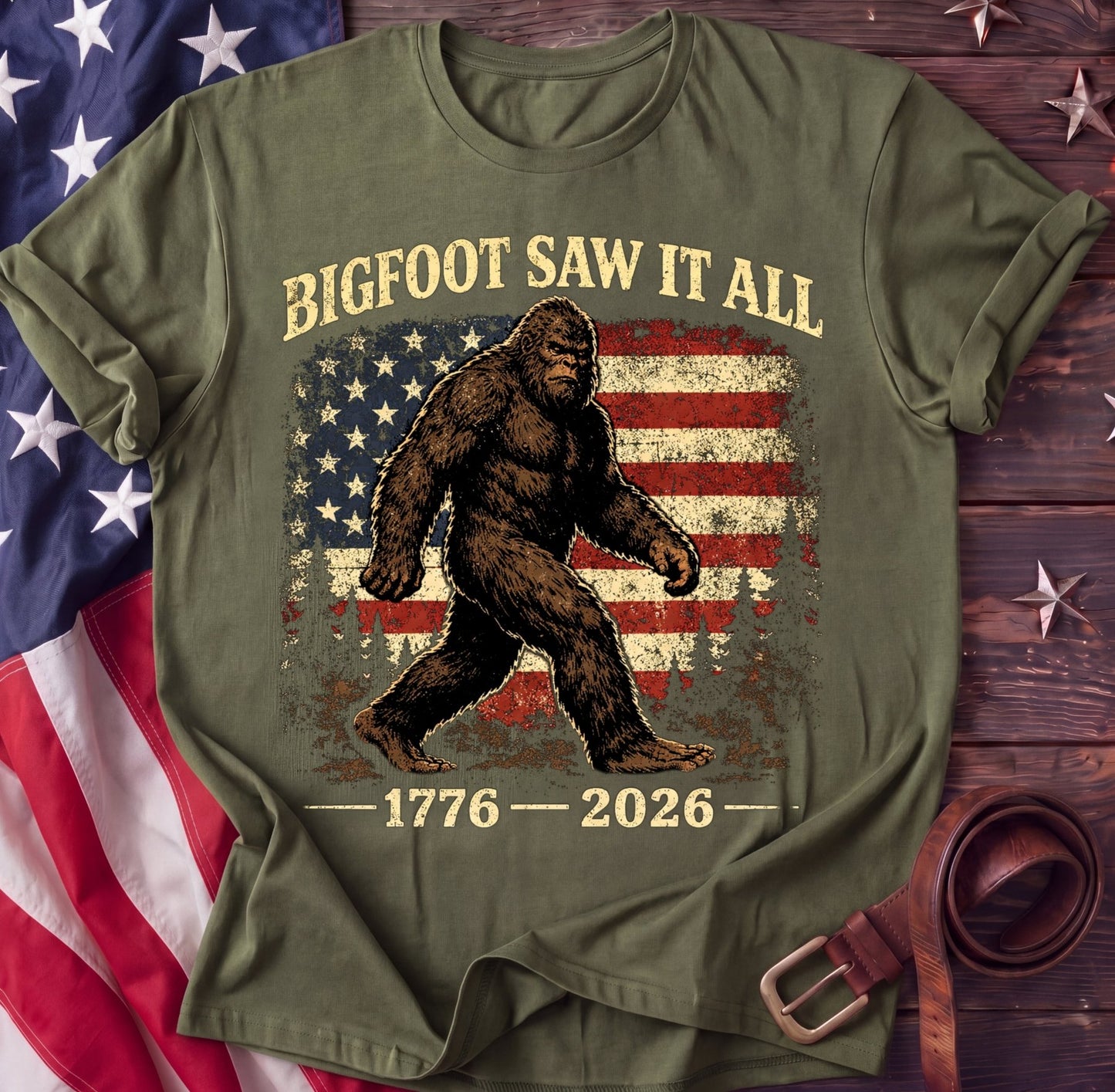 Bigfoot Saw It All Tee — 1776–2026 Funny Patriotic Shirt | Sasquatch 250th - TwoFiftyYears
