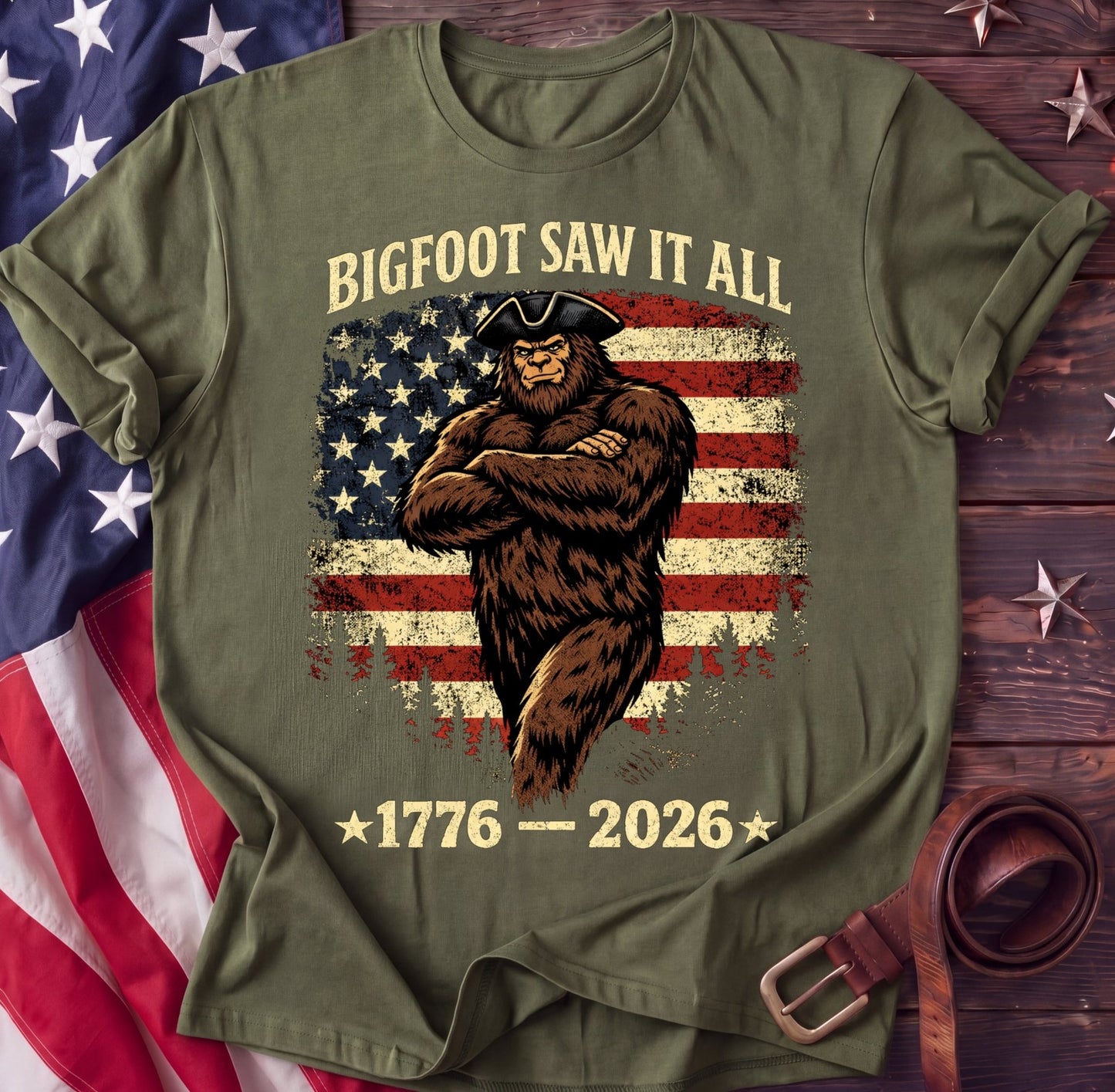 Bigfoot Saw It All Tee — Colonial Hat Edition | 1776–2026 Funny Patriotic Shirt - TwoFiftyYears