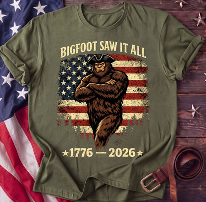 Bigfoot Saw It All Tee — Colonial Hat Edition | 1776–2026 Funny Patriotic Shirt - TwoFiftyYears